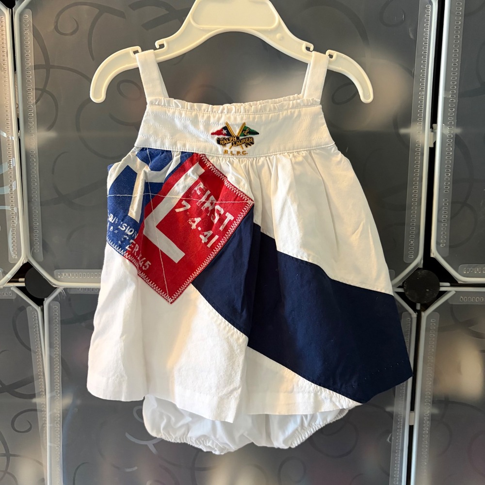 Ralph Lauren Baby Girl Nautical Dress and Bloomers Set White Navy Red 9M